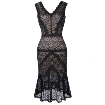 Kate Kasin Sleeveless V-Neck V-Back Hips-Wrapped Mermaid Black Lace Bodycon Evening Pencil Dress KK001079-1